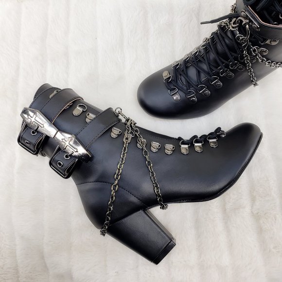 Demonia Shoes - Vivika Goth Granny Ankle Boots Coffin Straps & Chain